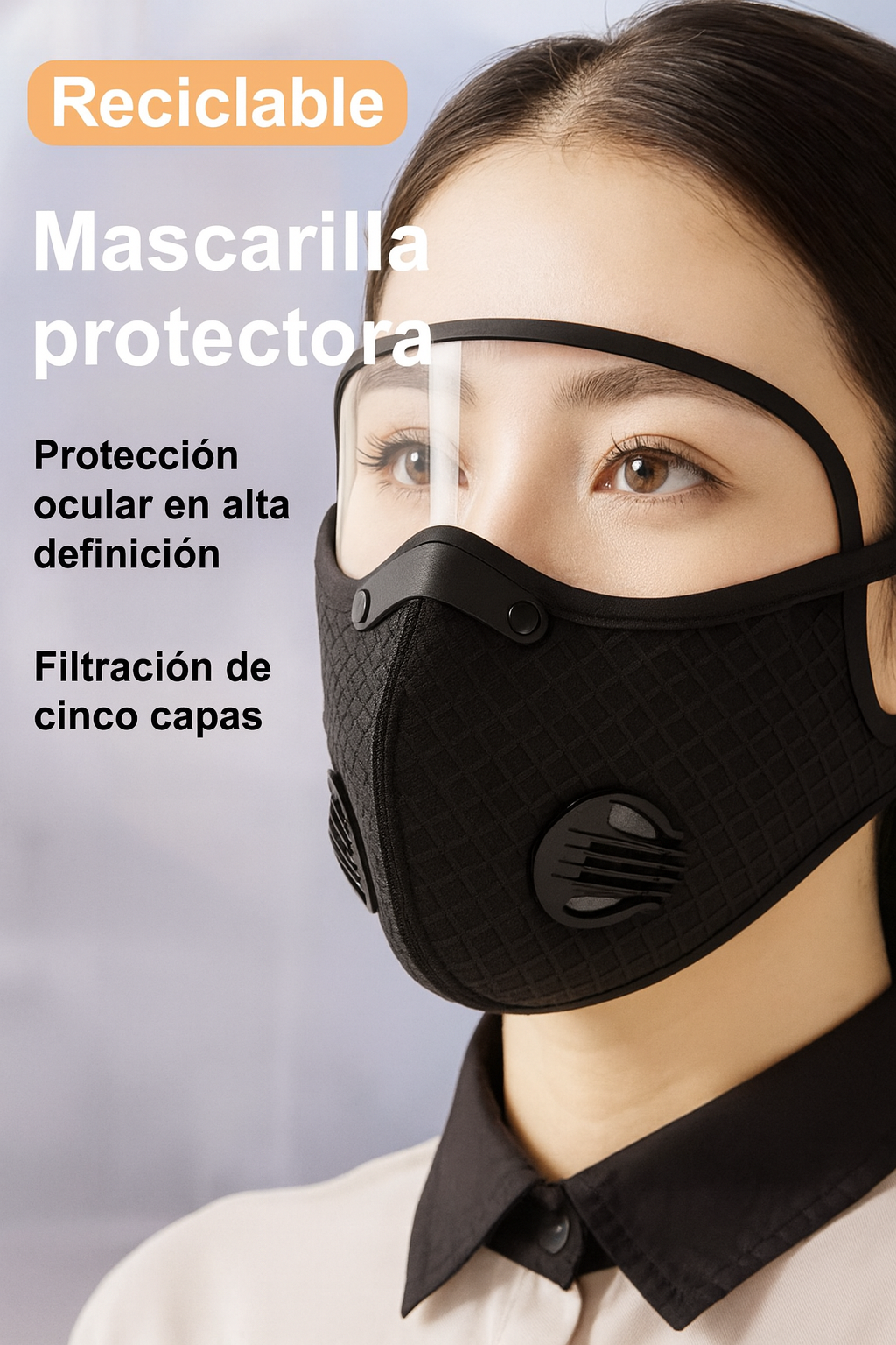 (Negro) Mascarilla con filtro de aire: incluye filtro de carbón activado y gafas protectoras.
