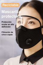 (Negro) Mascarilla con filtro de aire: incluye filtro de carbón activado y gafas protectoras.