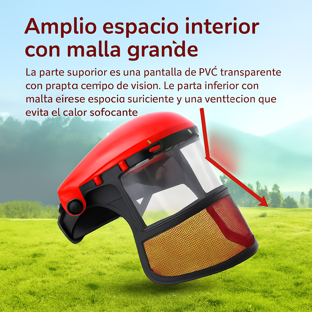 (Rojo) Pantalla facial de protección de PVC, montada en la cabeza, anti-salpicaduras y anti-polvo para cortar césped